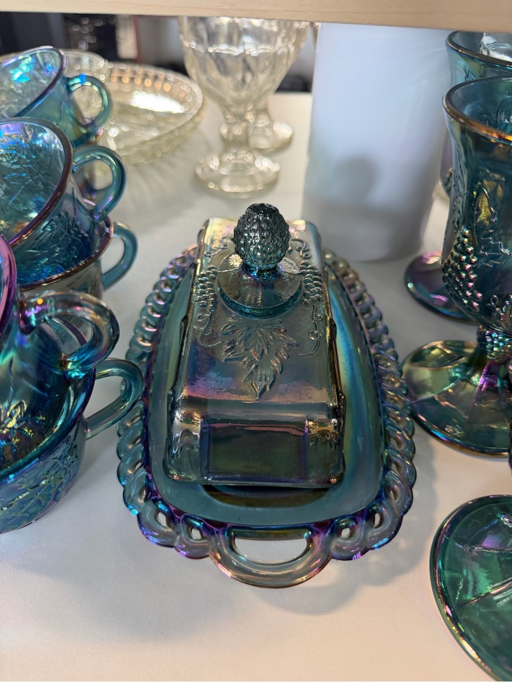 Iridescent carnival Glass Butter Dish with Lid - Teal Purple Finish